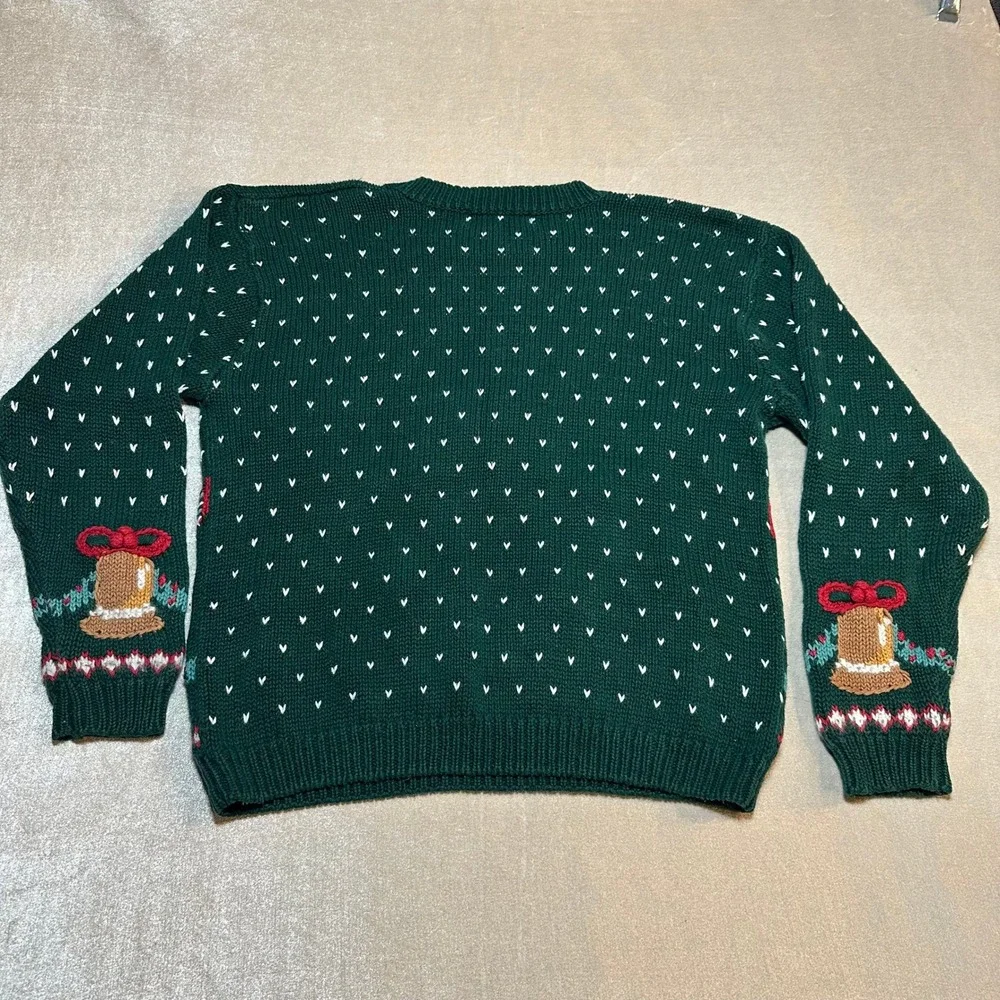 Vintage Gina Peters Christmas Sweater Women's Medium Trees Bells Green